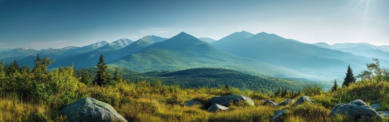 Poster - Breathtaking view of the Presidential Range showcasing lush greenery and rugged mountains under a clear blue sky