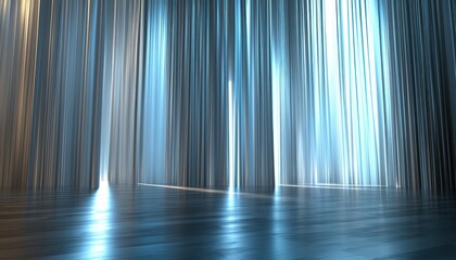 Poster - Abstract Blue and White Curtain Stripes with Reflection on a Smooth Wooden Floor