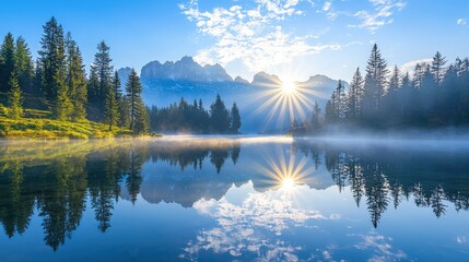 Poster - Sun-Kissed Mountain Lake with Fog and Reflection