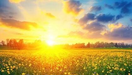 Poster - Sunlit Field of Yellow Flowers with a Sunset Sky