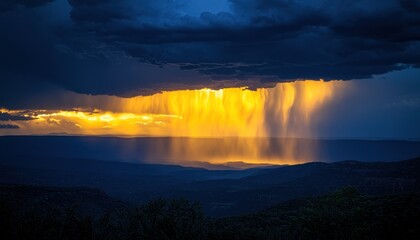 Poster - Golden Sunset Rain Through Dark Clouds Over Hills