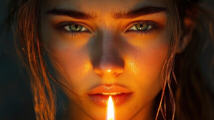 Poster - Close-up Portrait of a Woman with a Candle Flame Between Her Lips