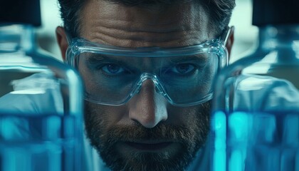 Poster - Close-up of a Man's Face Wearing Safety Glasses and Looking Through Blue Liquid in Glass Containers