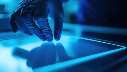 Fototapete - Gloved Hand Hovering Above a Blue Illuminated Surface