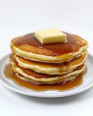 Poster - A delicious stack of fluffy pancakes drizzled with syrup and topped with butter on a white plate, perfect for breakfast any time of day