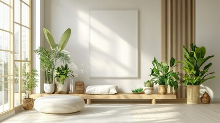 Poster - Minimalist Living Room with Plants, a Large Empty Frame, and a Wooden Bench
