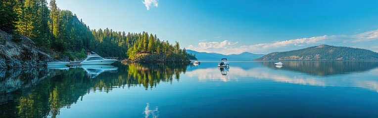 Poster - Tranquil morning at Coeur d'Alene Lake with boats reflecting on calm waters and scenic mountains in the background