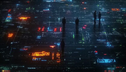 Aufkleber - Silhouettes of people standing before a digital display with glowing lines and data