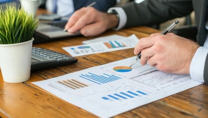 Leinwandbilder - A businessman's hand pointing at a financial graph on a table
