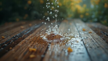 Wall Mural - A drop of water falling into a wooden table