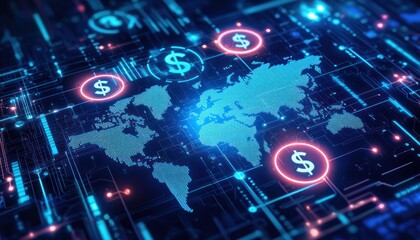 Poster - Digital World Map with Glowing Dollar Signs