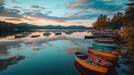 Poster - A tranquil evening at Lake Winnipesaukee with colorful boats reflecting on calm waters
