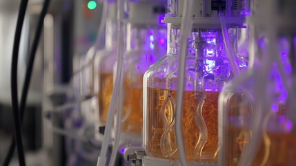 Poster - Close-up of a Glass Reactor with Yellow Liquid and Purple Lighting