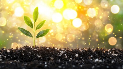 Leinwandbilder - A Single Green Sprout Emerging from Dark Soil with a Golden Bokeh Background