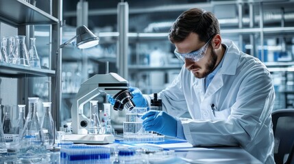 Aufkleber - A Scientist in a Lab Coat Working with a Microscope and Beaker