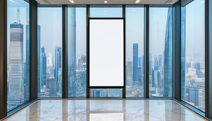 Poster - Modern Office with Blank Billboard and Cityscape View