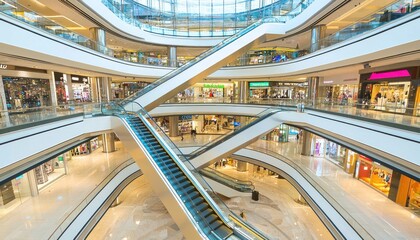 Aufkleber - Modern Shopping Mall Interior with Multiple Escalators