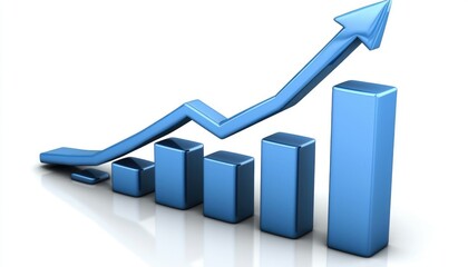 Poster - Blue 3D Bar Chart with Upward Arrow Representing Growth