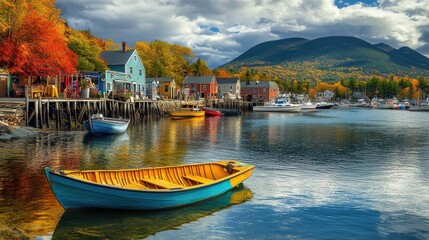 Aufkleber - A charming view of a historic town with colorful boats and autumn foliage reflecting on the calm waters of the harbor