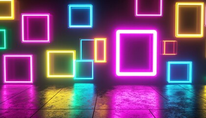 Poster - Neon Lights Reflecting on a Tile Floor