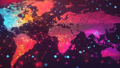 Fototapete - A Digital World Map with Connecting Lines and Bright Spots