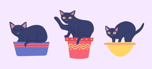 Poster - Cartoon Color Characters Cats in Pot Plant Flowers Set. Vector illustration