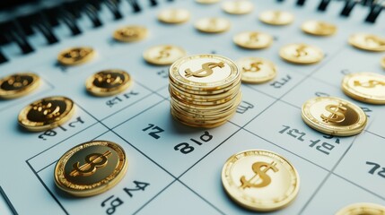 Aufkleber - Stack of Gold Coins on a Calendar with Dollar Sign