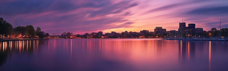 Poster - Serene sunset over the Connecticut River with city lights reflecting on the calm water