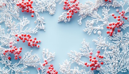 Poster - Frosty Branches and Red Berries on Blue Background