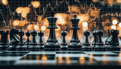 Leinwandbilder - Black Chess Pieces on a Chessboard with Stock Market Data in the Background