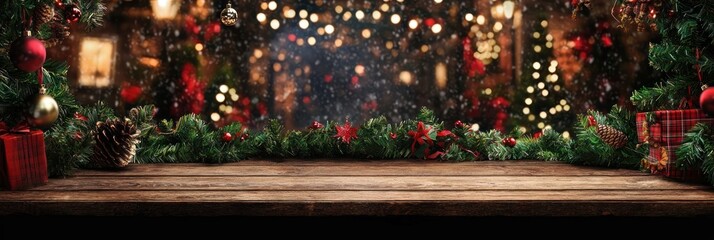 Poster - Wooden Tabletop with Christmas Decorations and a Snowy, Bokeh Background