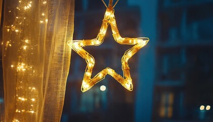 Poster - Illuminated Star Decoration Hanging by a Window with Sheer Curtains