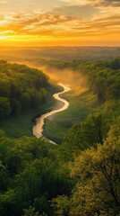 Aufkleber - A serene sunset over the meandering Cuyahoga River in Cuyahoga Valley National Park, capturing nature's beauty in golden hues