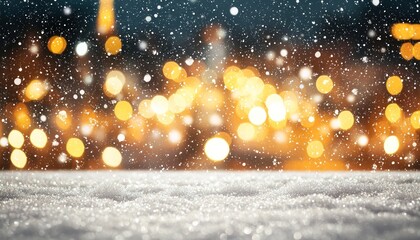Poster - Snow-Covered Surface with Defocused Golden Lights and Snowflakes