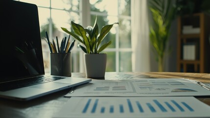 Poster - A laptop, a plant, a pen holder, and charts on a wooden desk in a home office