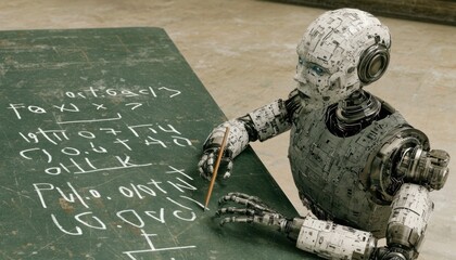Leinwandbilder - A metallic humanoid robot writing on a chalkboard