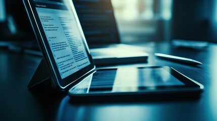 Poster - Close-up of a Laptop and Tablet on a Desk with Text Visible on the Screen