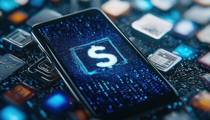 Aufkleber - Smartphone Displaying a Dollar Sign on a Circuit Board Background