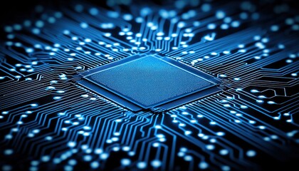 Aufkleber - Close-up of a Blue Circuit Board with a Microchip