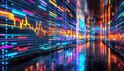 Leinwandbilder - Abstract Digital Wall with Neon Lights and Reflections
