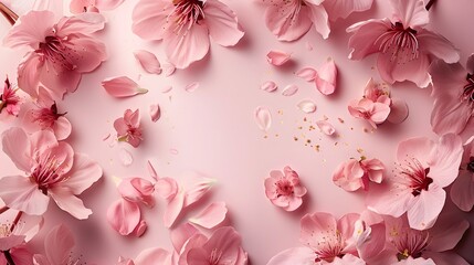 Wall Mural - Pink cherry blossoms and petals scattered on a soft pastel pink background. Flat lay composition with copy space. Romantic and spring-themed design for invitations, greeting cards, and posters.

