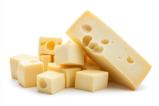 Swiss cheese blocks including one large wedge and several smaller cubes isolated on white background