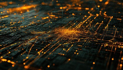 Fototapete - Glowing Abstract Cityscape with Network Connections