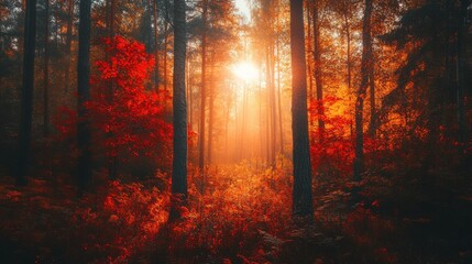Poster - A stunning autumn forest at sunset with vibrant red leaves and glowing sunlight filtering through the trees