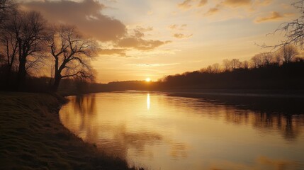 Poster - A serene evening at the riverbank with a golden sunset reflecting on the calm water along a peaceful landscape