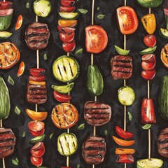 Aufkleber - Grilled vegetable and steak skewers arranged artfully on a dark background for a summer barbecue gathering with fresh ingredients