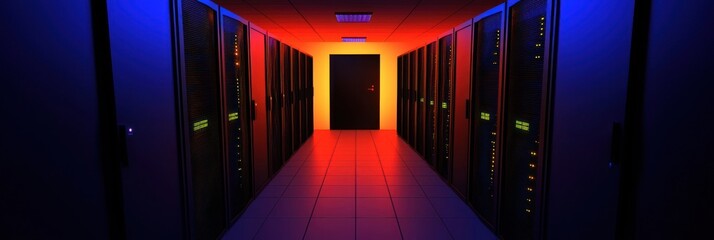 Poster - Server room hallway with colorful lighting and closed door