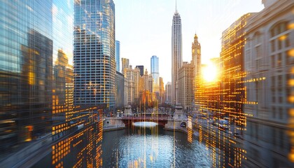 Fototapete - Cityscape with River and Motion Blur Effects