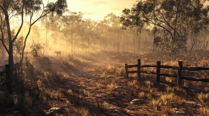Poster - Panoramic view of a tranquil fenced area with sunlight filtering through trees at dusk