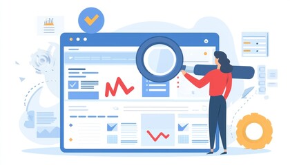 Leinwandbilder - Woman Analyzing Website Data with Magnifying Glass